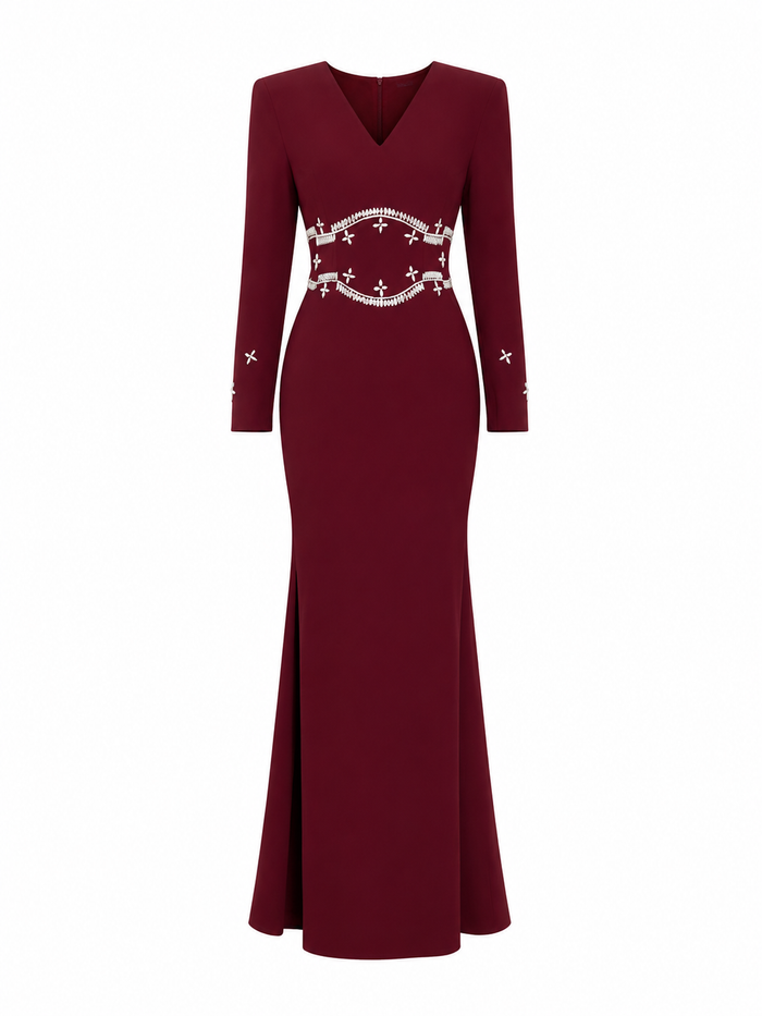 Embellished Waist Mermaid Evening Dress - Burgundy