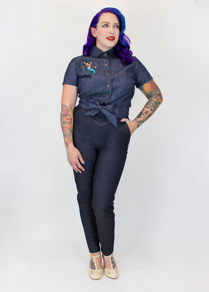 Embroidered Mermaid Denim Knot Top
