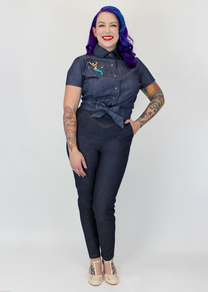 Embroidered Mermaid Denim Knot Top