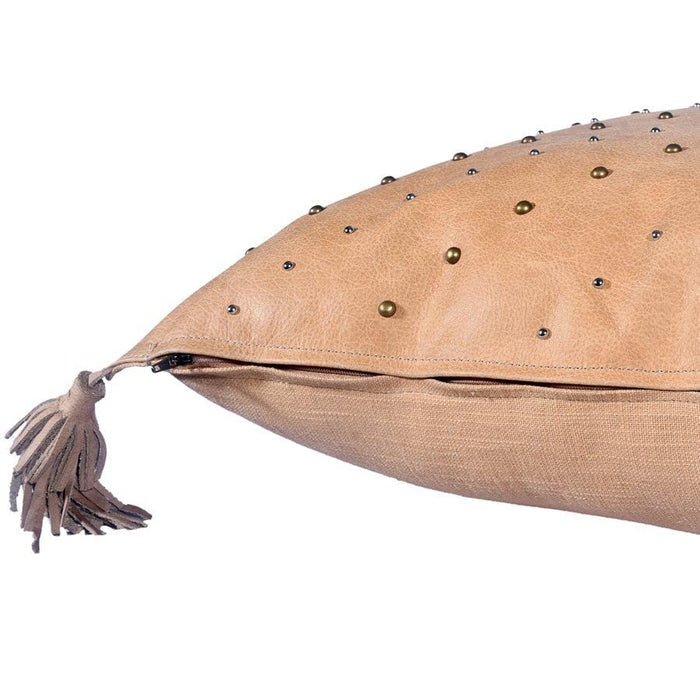 English Tan Leather Hide Throw Pillow w/ Studs and Tassel, 20x20