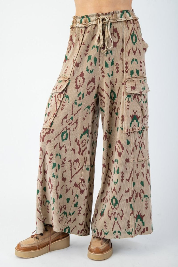 ETHNIC PRINTED MINERAL WASHED CARGO PANTS