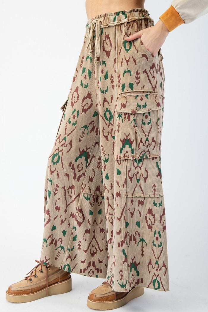 ETHNIC PRINTED MINERAL WASHED CARGO PANTS