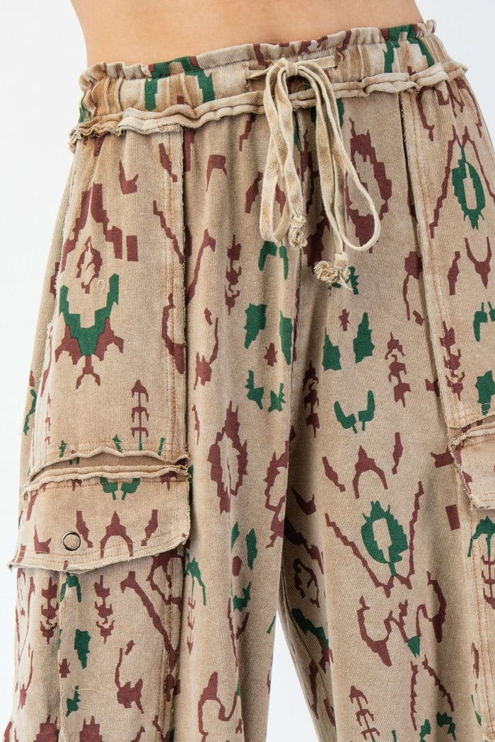 ETHNIC PRINTED MINERAL WASHED CARGO PANTS