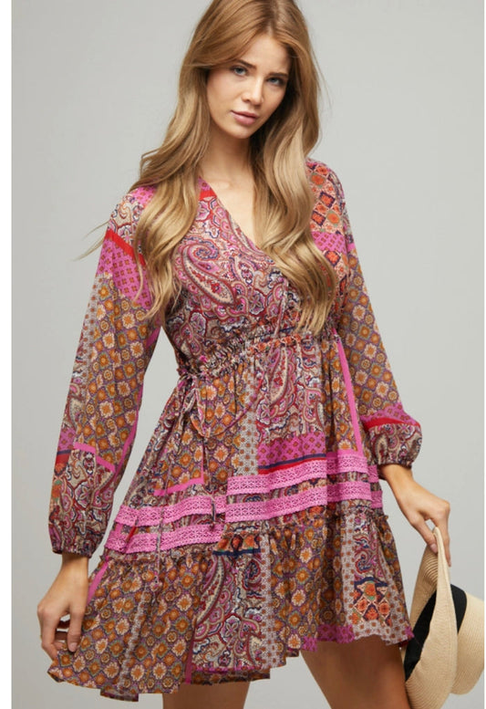 Fanta Pink Printed V Neck Mini Dress