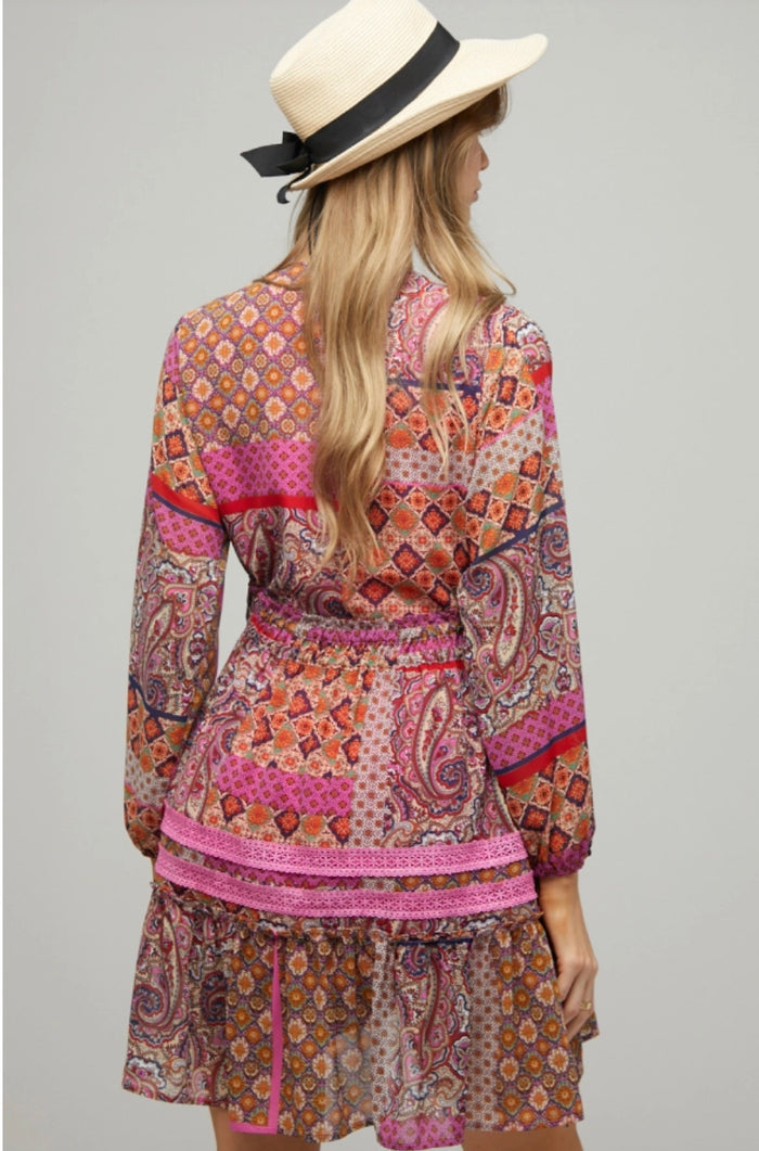 Fanta Pink Printed V Neck Mini Dress