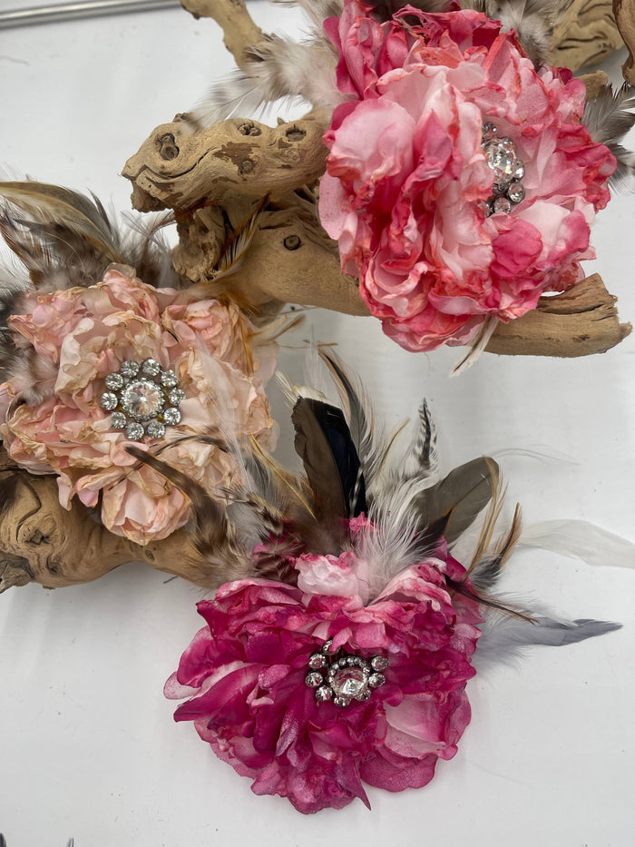 FEATHER FLOWER PIN w/RHINESTONE - 3 COLORS