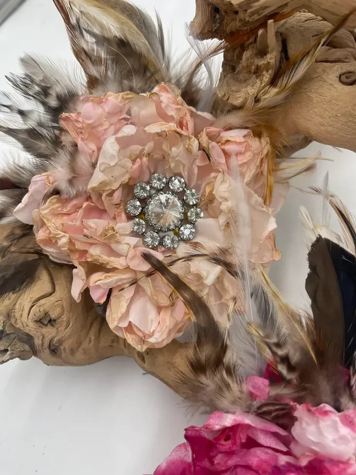 FEATHER FLOWER PIN w/RHINESTONE - 3 COLORS