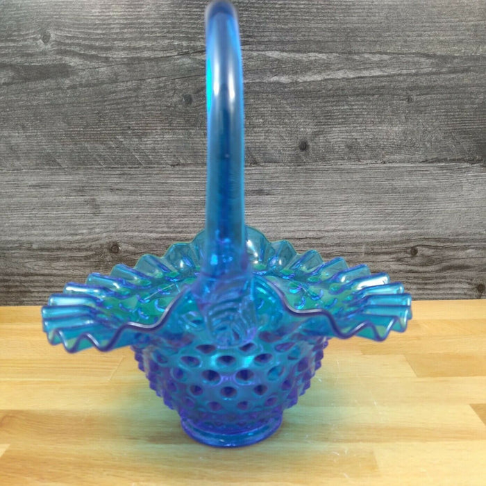 Fenton Hobnail Blue Glass Basket with Handle and Ruffled Edge