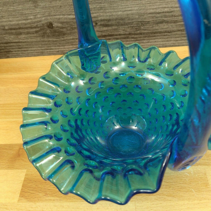 Fenton Hobnail Blue Glass Basket with Handle and Ruffled Edge