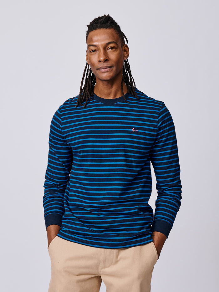 Aubin Navy/Cobalt Stripe Ferriby Long Sleeve T-Shirt | Long Sleeve Tee