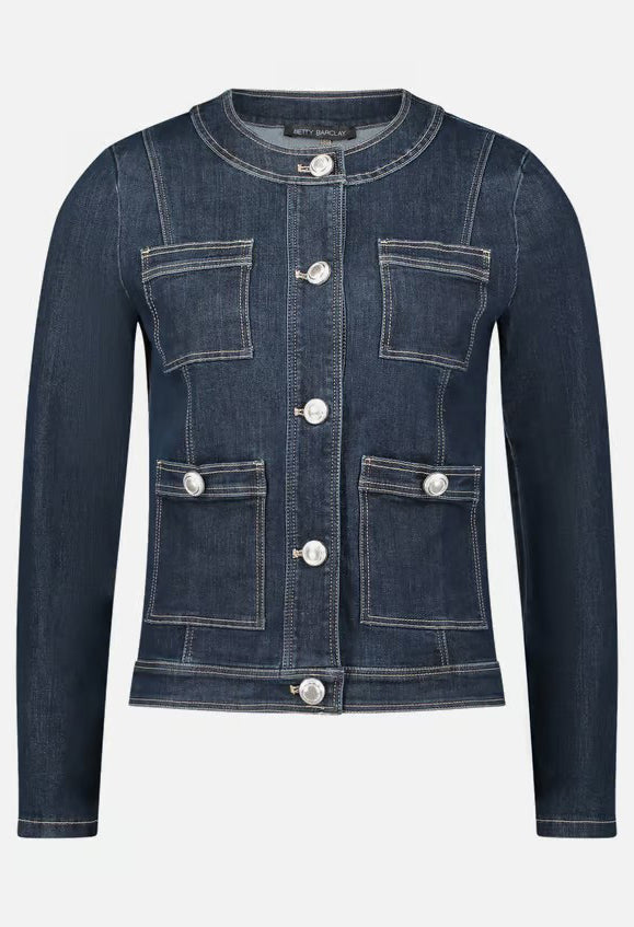 Denim jacket with button details on a white background