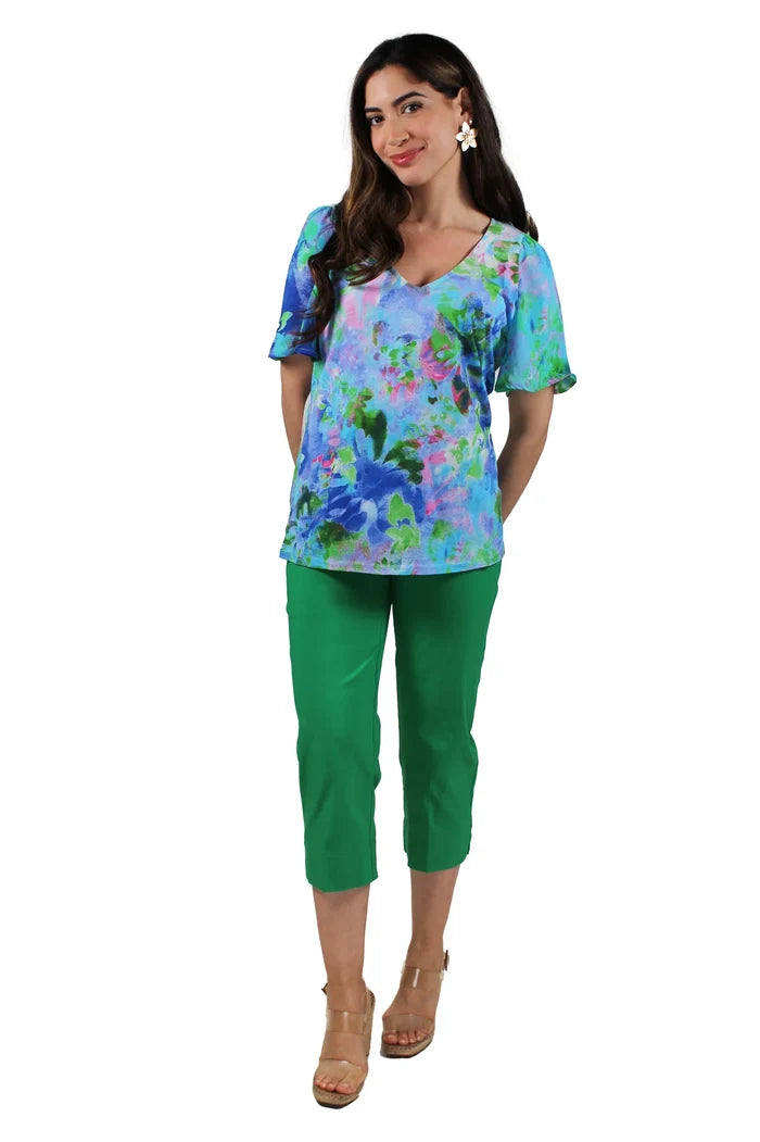 Fiona Blue Ruffle Elbow Sleeve Tie V-Neck Blouse