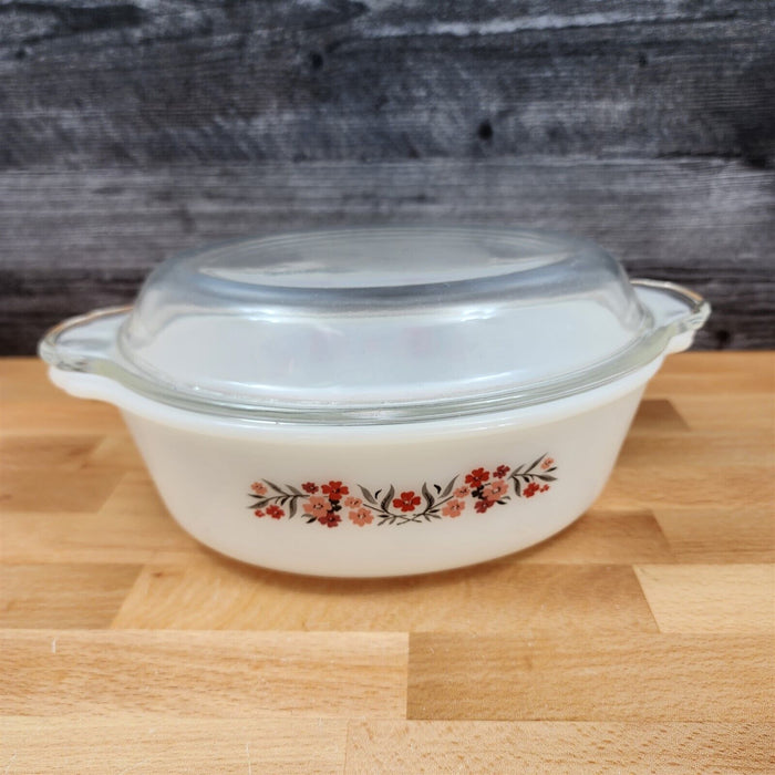 Fire King Casserole Baking Pan Milk White Glass Floral Design with Lid 2qt