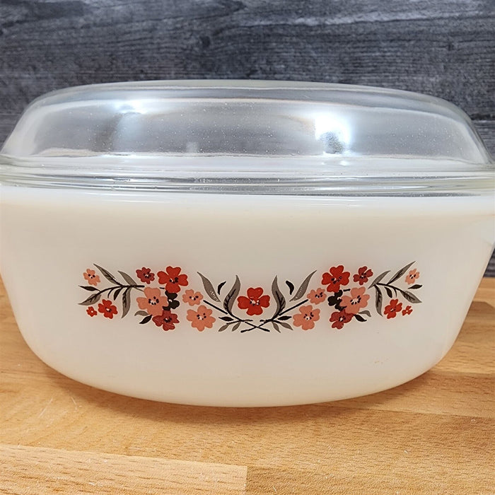 Fire King Casserole Baking Pan Milk White Glass Floral Design with Lid 2qt