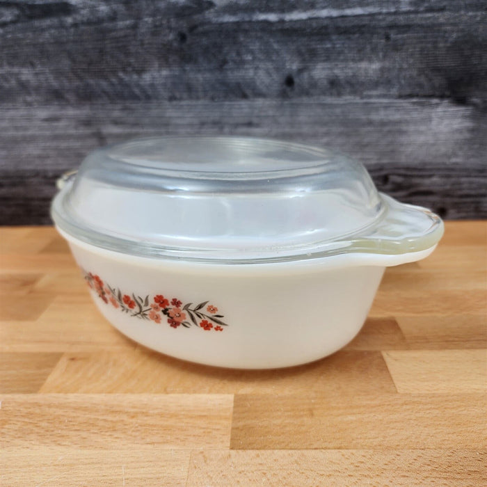 Fire King Casserole Baking Pan Milk White Glass Floral Design with Lid 2qt