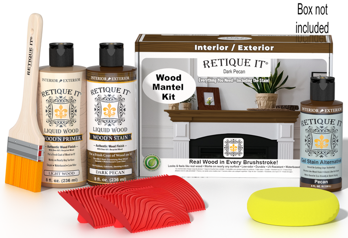 Retique It Fireplace Mantel Wood'n Finish Kit in Dark Pecan stain, shown with stain bottle and applicator on a wooden mantel.