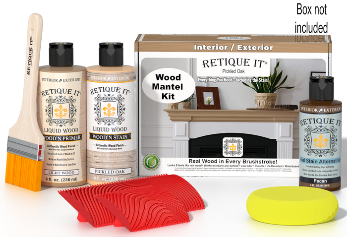 Retique It Fireplace Mantel Wood'n Finish Kit in Pickled Oak stain, featuring wood stain application for fireplace mantels.