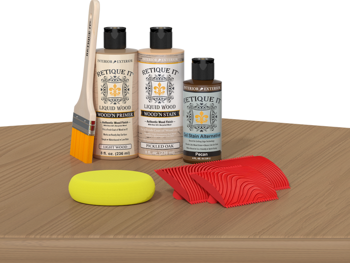 Retique It Fireplace Mantel Wood'n Finish Kit in Pickled Oak stain, showing the wood finish and application details.