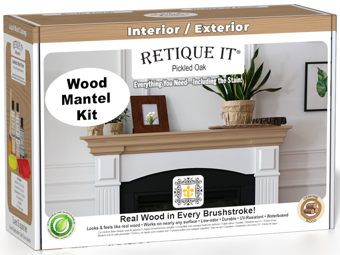 Retique It Fireplace Mantel Wood'n Finish Kit in Pickled Oak stain, showing wood stain bottles and application tools.