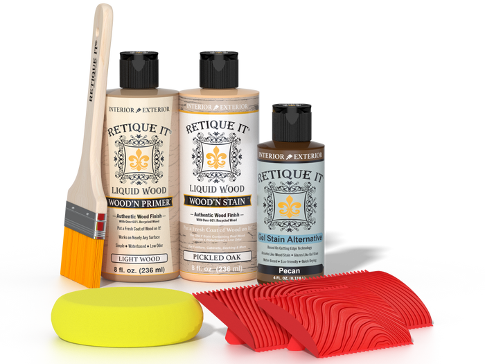 Retique It Fireplace Mantel Wood'n Finish Kit in Pickled Oak stain, featuring wood stain and finishing supplies for fireplace mantels.