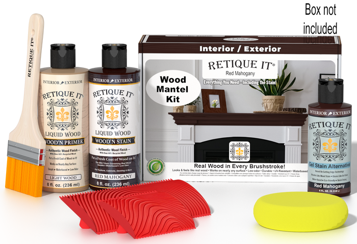 Retique It Fireplace Mantel Wood'n Finish Kit in Red Mahogany stain, showing the wood stain product for fireplace mantels.
