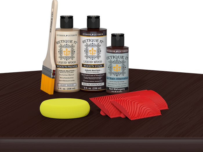 Retique It Fireplace Mantel Wood'n Finish Kit in Red Mahogany stain, shown on a table with wood finish products.