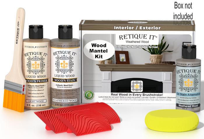 Retique It Weathered Wood Fireplace Mantel Wood'n Finish Kit stain applied to a wooden mantel with a weathered finish.