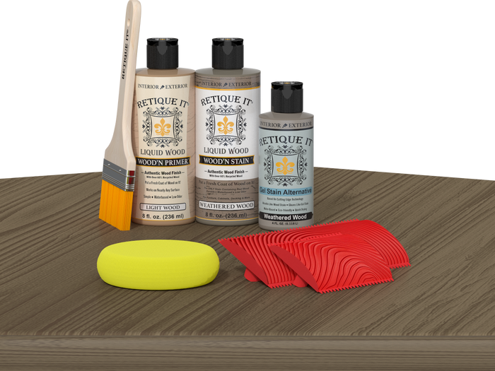 Retique It Weathered Wood Fireplace Mantel Wood'n Finish Kit stain on a surface, showing the weathered wood texture and color.