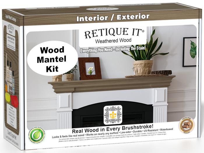 Retique It Weathered Wood Fireplace Mantel Wood'n Finish Kit stain box showing weathered wood color and textured wood finish for mantels.