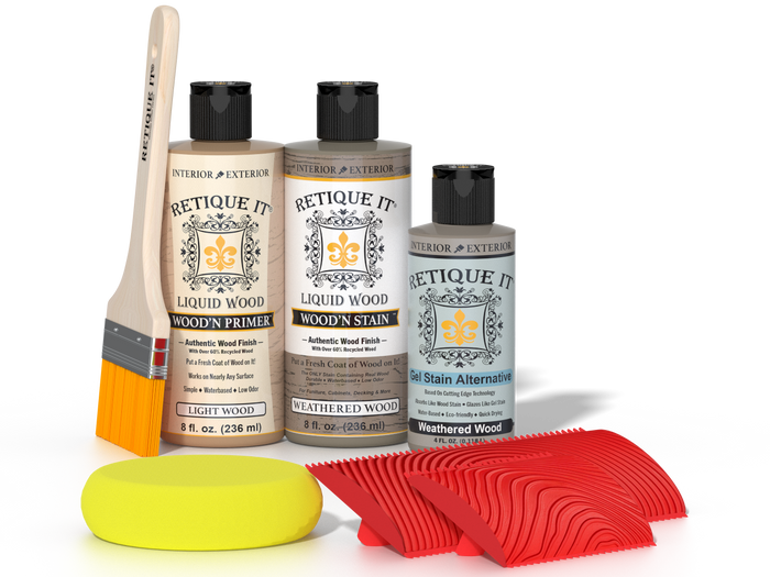 Retique It Weathered Wood Fireplace Mantel Wood'n Finish Kit, stain for wood surfaces with weathered wood appearance.