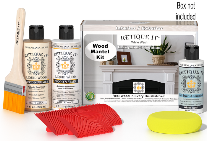 Retique It Wood'n Finish Kit in White Wash stain for fireplace mantels, shown in a box with application tools.