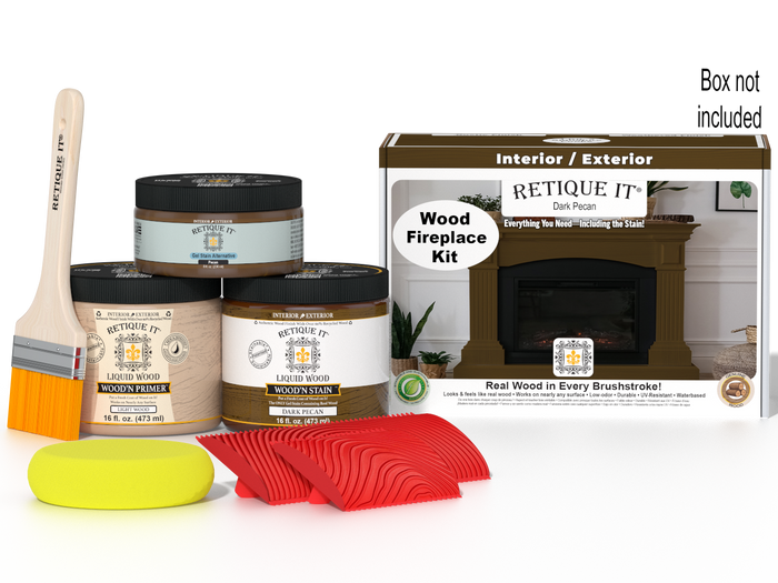 Retique It Fireplace Wood'n Finish Kit in Dark Pecan stain, showing the full fireplace with wood finish and staining supplies.