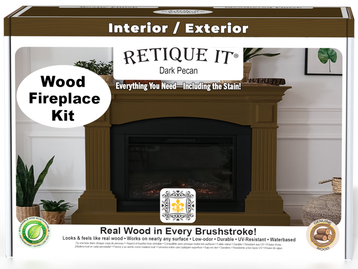 Retique It Fireplace Wood'n Finish Kit in Dark Pecan stain, showing the full fireplace with wood finish and stain application.
