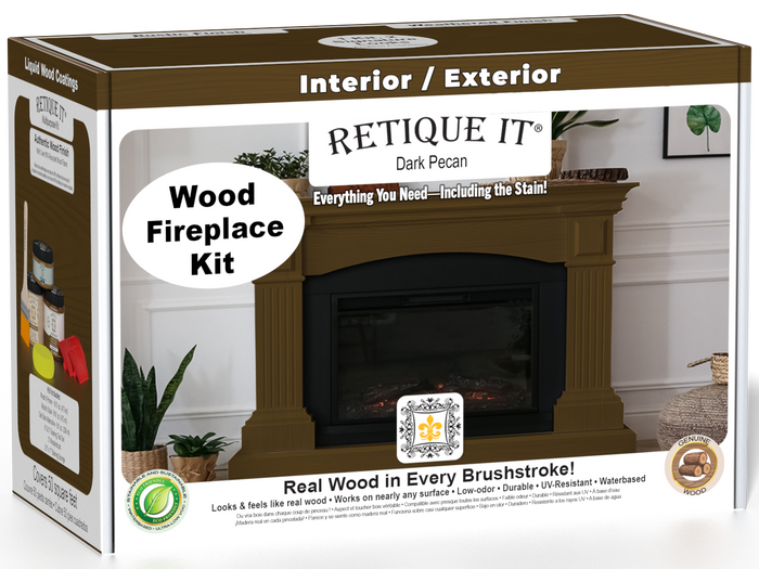 Retique It Fireplace Wood'n Finish Kit in Dark Pecan stain, featuring a full fireplace with wood finish and stain application tools.