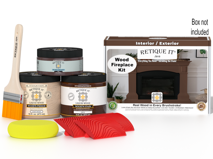 Retique It Fireplace Wood'n Finish Kit in Java stain, featuring a full fireplace with stain application and finishing materials.