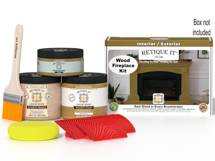 Retique It Fireplace Wood'n Finish Kit in Old Oak stain, featuring wood stain bottles and application tools for full fireplace renovation.