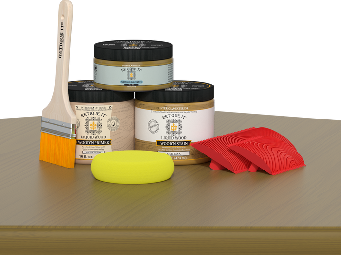 Retique It Fireplace Wood'n Finish Kit for full fireplace in Old Oak stain, featuring wood stain and finishing tools on a table.