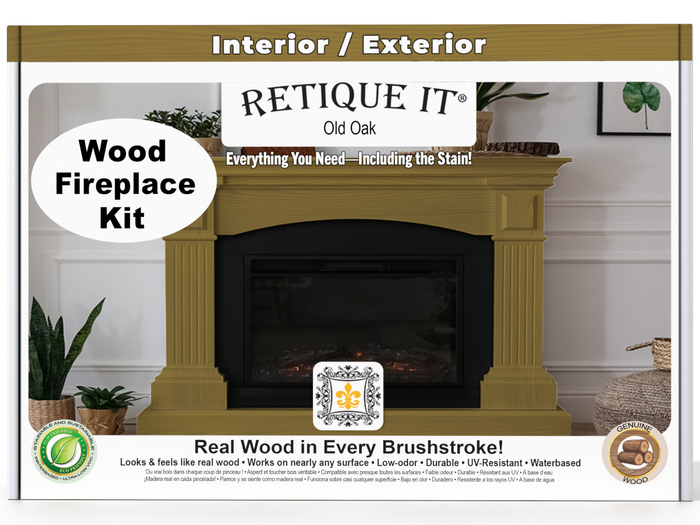 Retique It Fireplace Wood'n Finish Kit in Old Oak stain, includes stain and finishing supplies for full fireplace makeover.