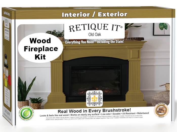 Retique It Fireplace Wood'n Finish Kit in Old Oak stain, including stain bottles and application tools for full fireplace renovation.