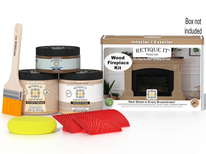 Retique It Fireplace Wood'n Finish Kit in Pickled Oak stain, showing wood stain bottles and full fireplace sample.