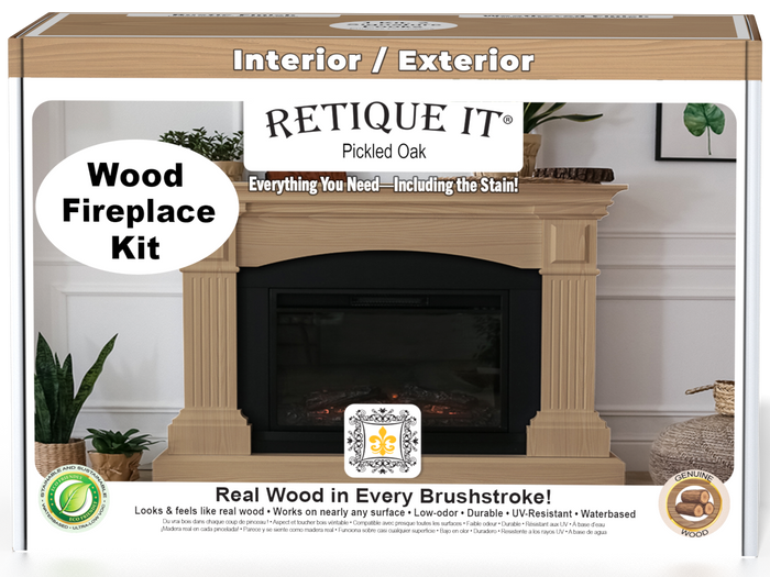 Retique It Fireplace Wood'n Finish Kit in Pickled Oak, stain set for full fireplace renovation, with wood finish and application tools.