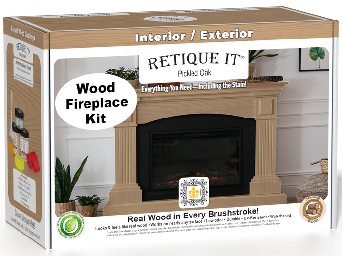 Retique It Fireplace Wood'n Finish Kit in Pickled Oak stain, full fireplace project with stain bottles and application tools.