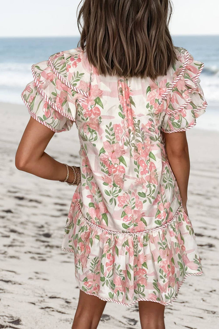 Floral Contrast Edge Layered Tied Neck Mini Dress