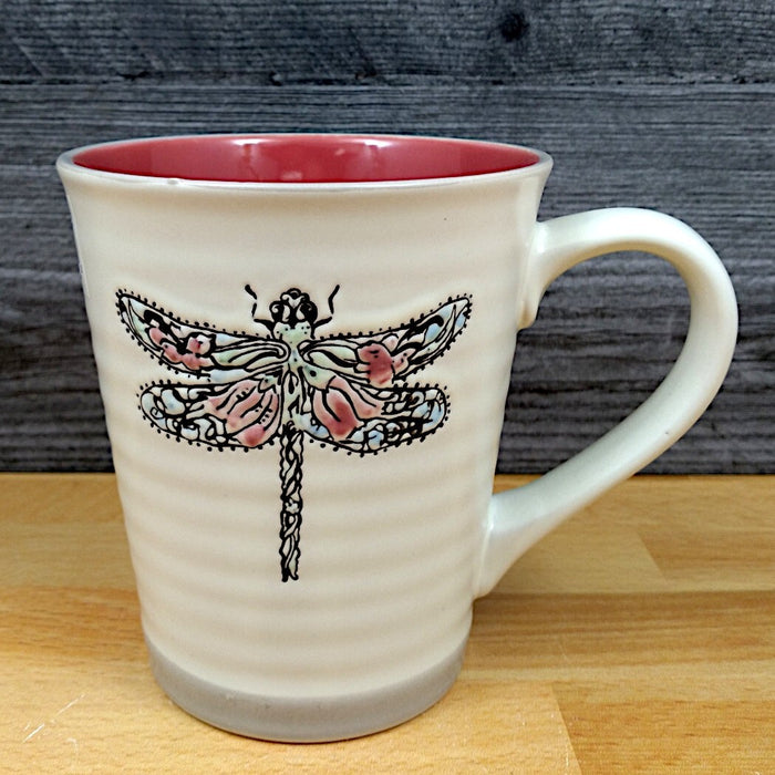 Floral Dragon Fly Coffee Mug 18oz Red Inside Embossed Ceramic Tea Cup Blue Sky