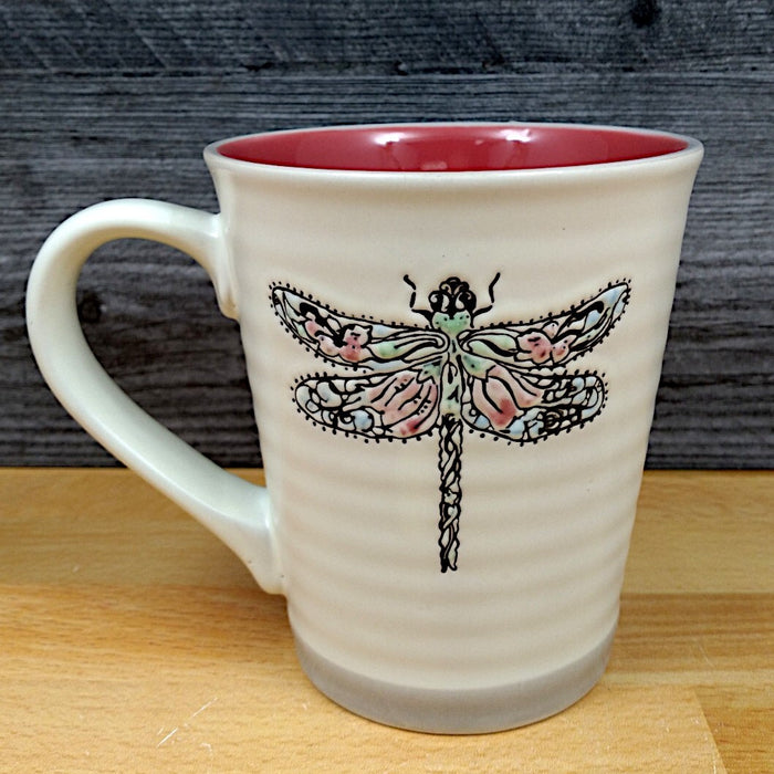 Floral Dragon Fly Coffee Mug 18oz Red Inside Embossed Ceramic Tea Cup Blue Sky