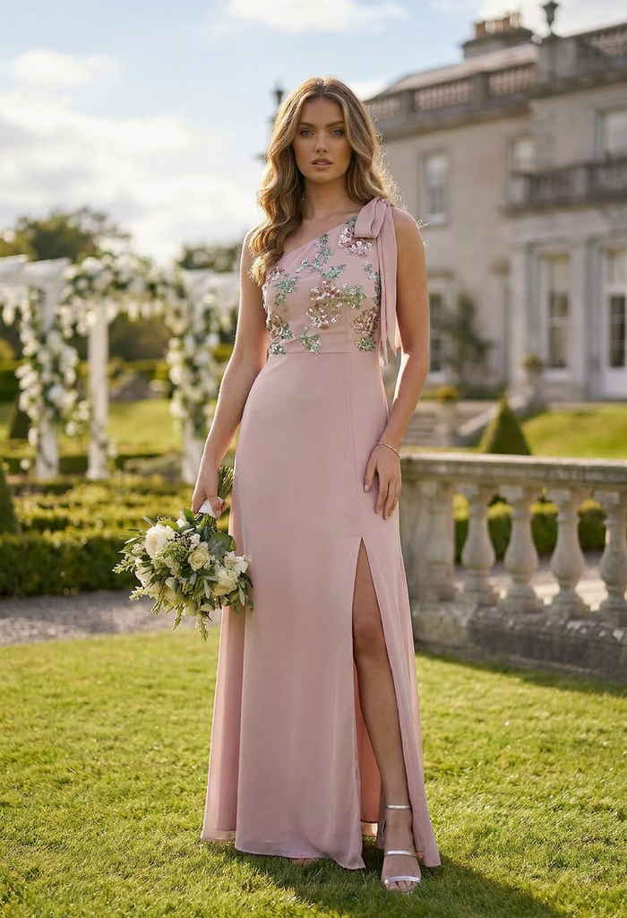 Floral Embellished Self-Tie One Shoulder Maxi Dress