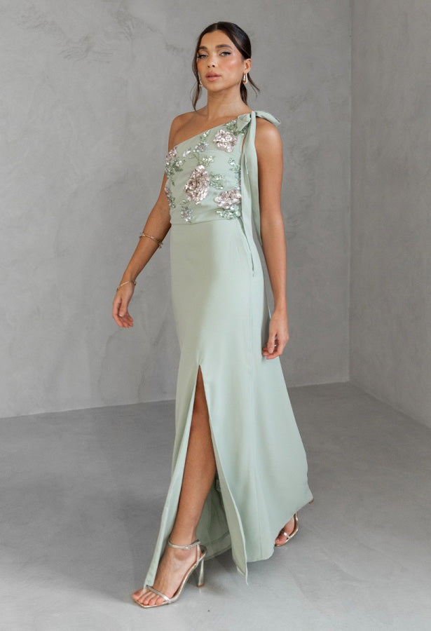 Floral Embellished Self-Tie One Shoulder Maxi Dress