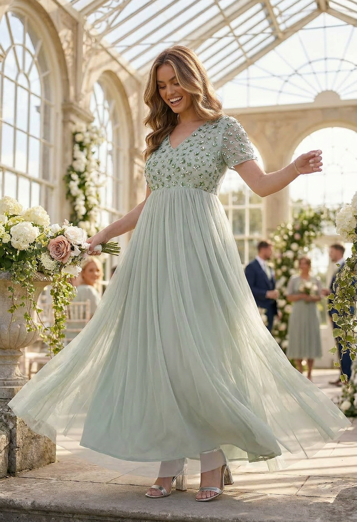 Floral Embellished Short Sleeve Maxi Dress