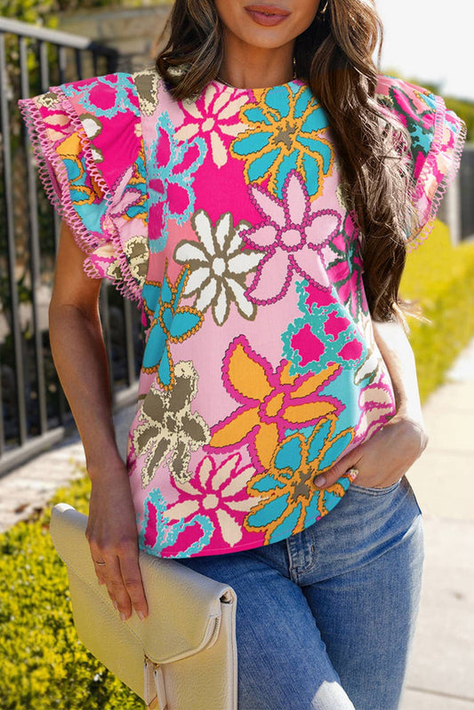 Floral Print Trimmed Ruffle Sleeve Blouse