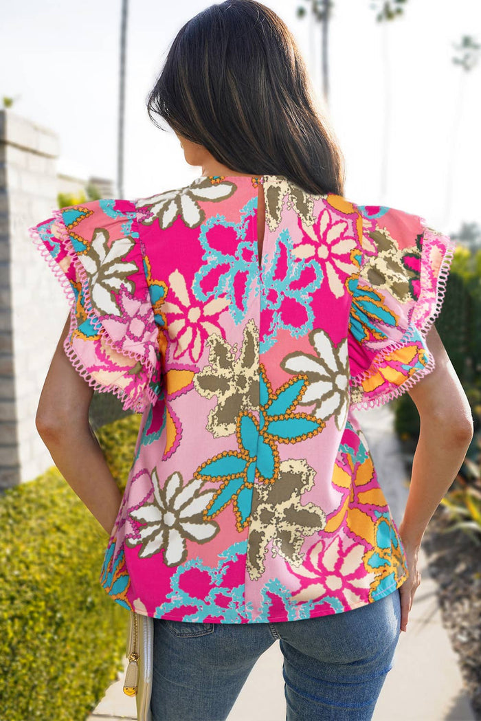 Floral Print Trimmed Ruffle Sleeve Blouse